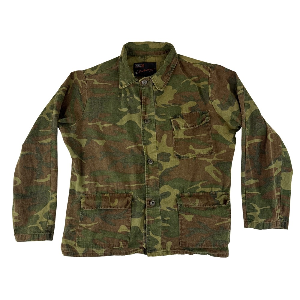 Sears Ted Williams Camo‎ Field Jacket Mens L Green Woodland Canvas Utility Coat